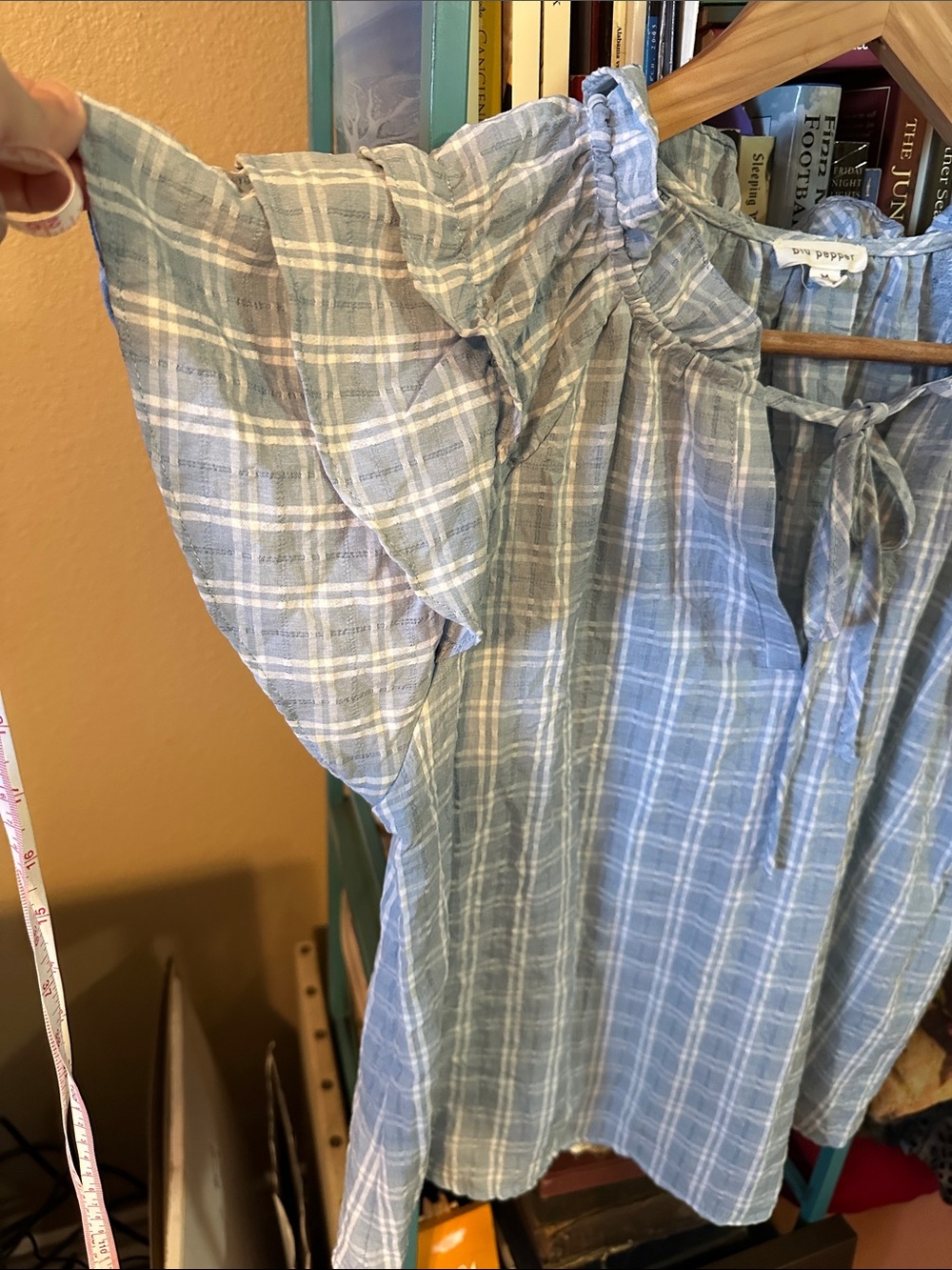 Blu Pepper Light Blue Plaid Ruffle Sleeve Tie-Neck Top - Picture 4 of 11
